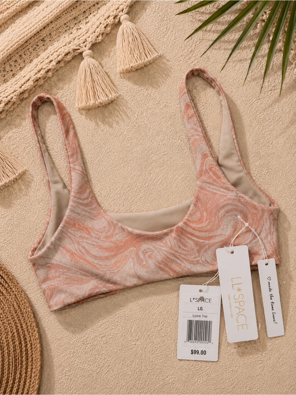 L*SPACE Lizzie Bikini Top Pink All Swirled Up Pullover Scoop Neck Size Large NEW